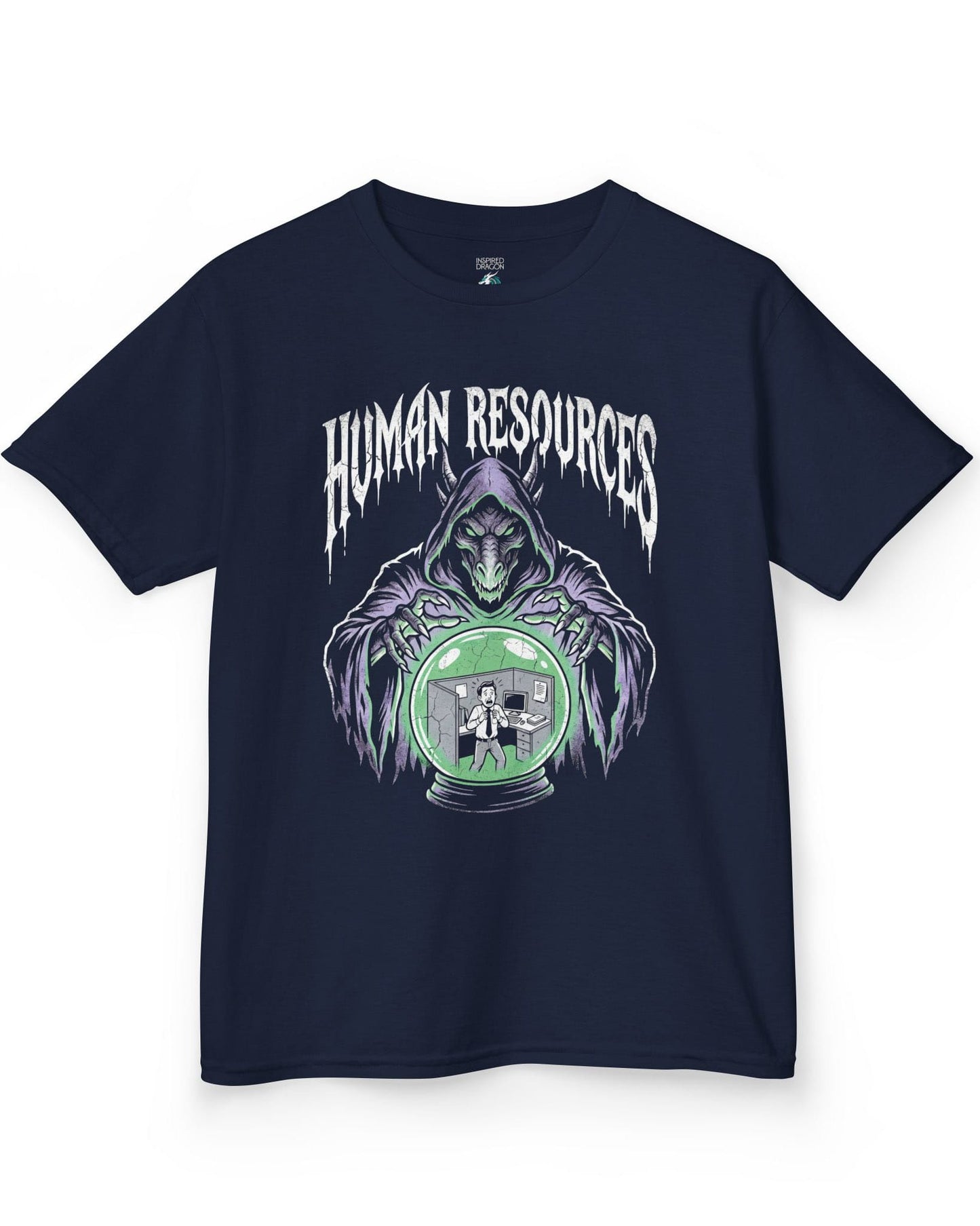 Human Resources Dragon shirt in navy featuring a sinister dragon overseeing a scared office worker in a crystal ball