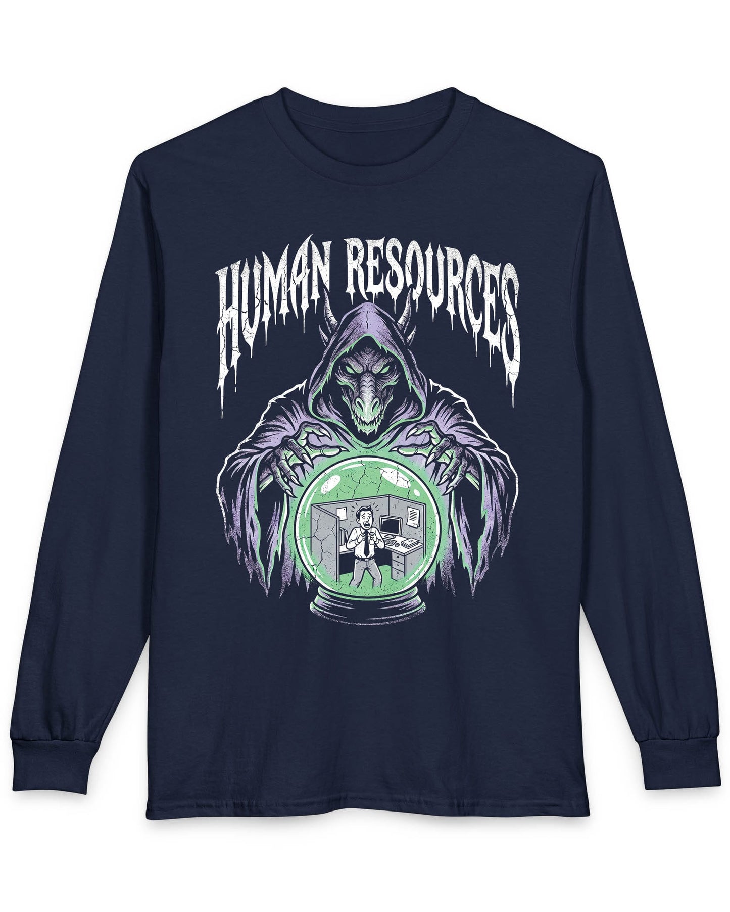 Human Resources Dragon shirt in navy featuring a sinister dragon overseeing a scared office worker in a crystal ball