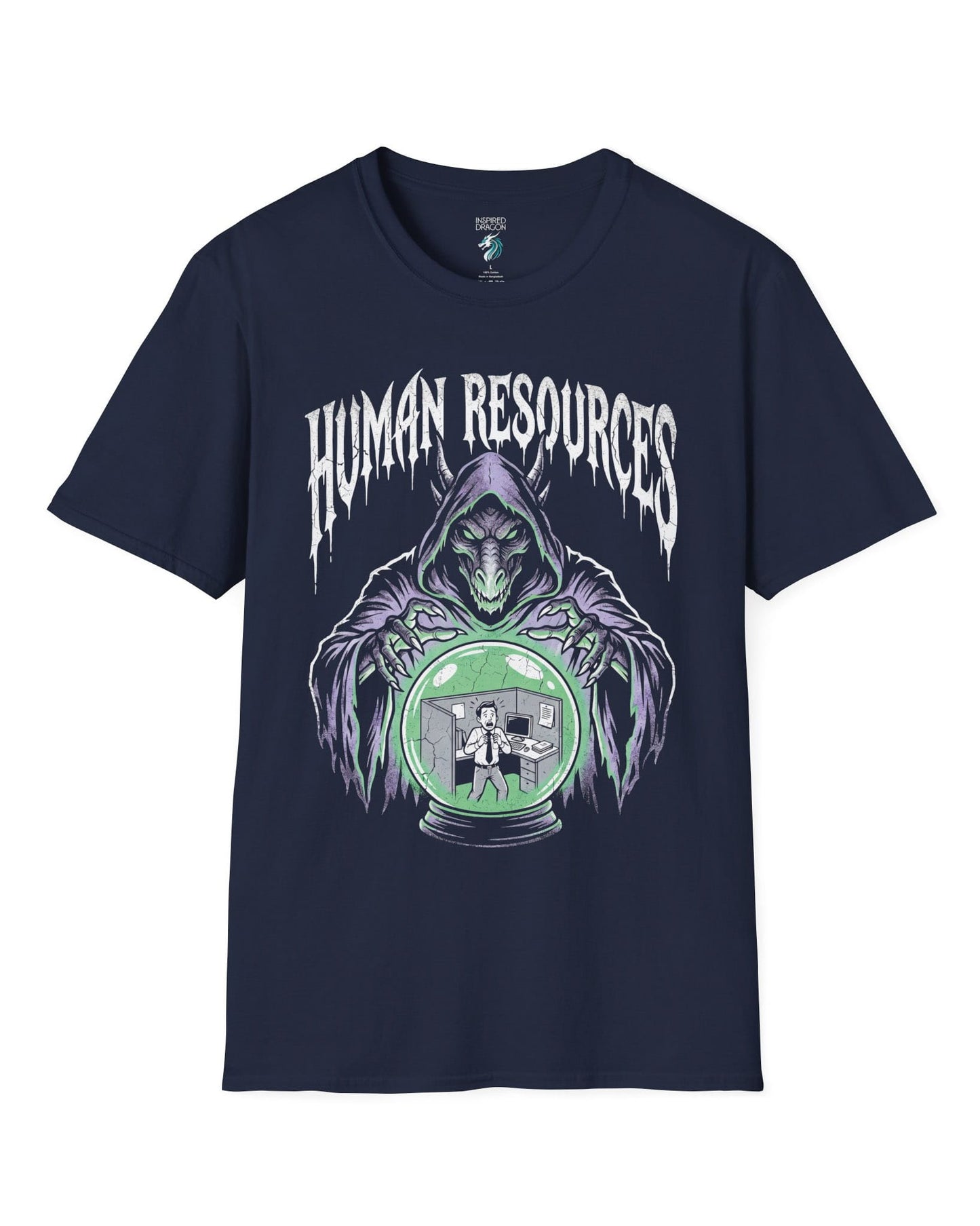 Human Resources Dragon shirt in navy featuring a sinister dragon overseeing a scared office worker in a crystal ball