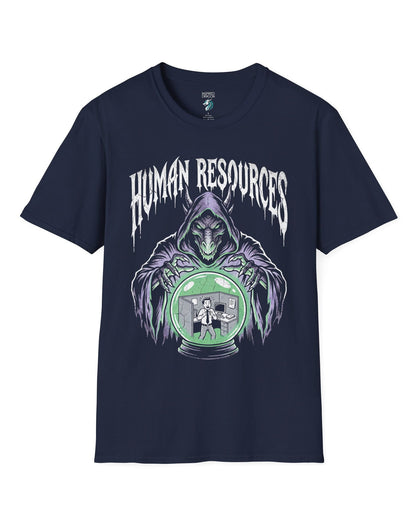 Human Resources Dragon shirt in navy featuring a sinister dragon overseeing a scared office worker in a crystal ball