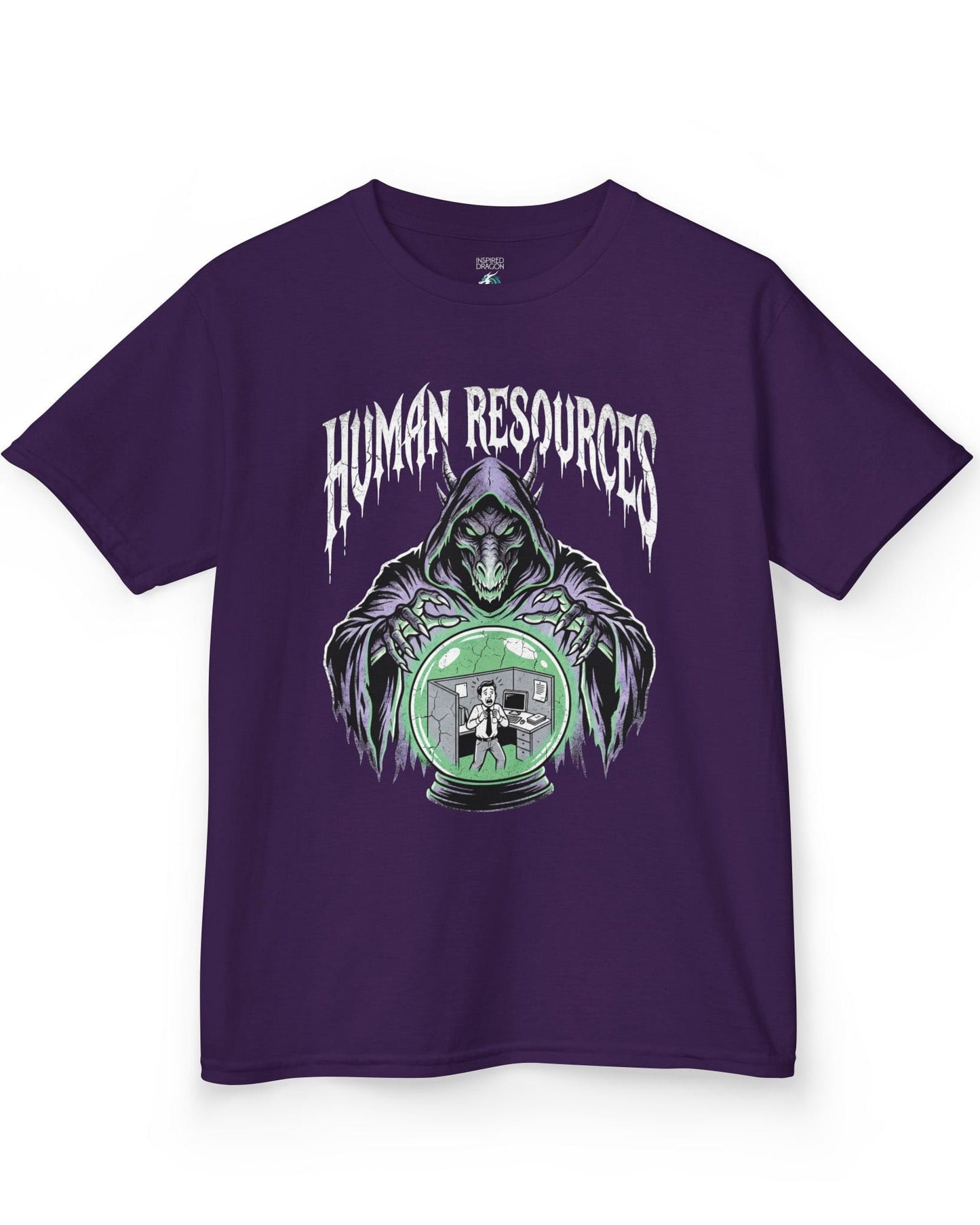 Human Resources Dragon shirt in purple featuring a sinister dragon overseeing a scared office worker in a crystal ball