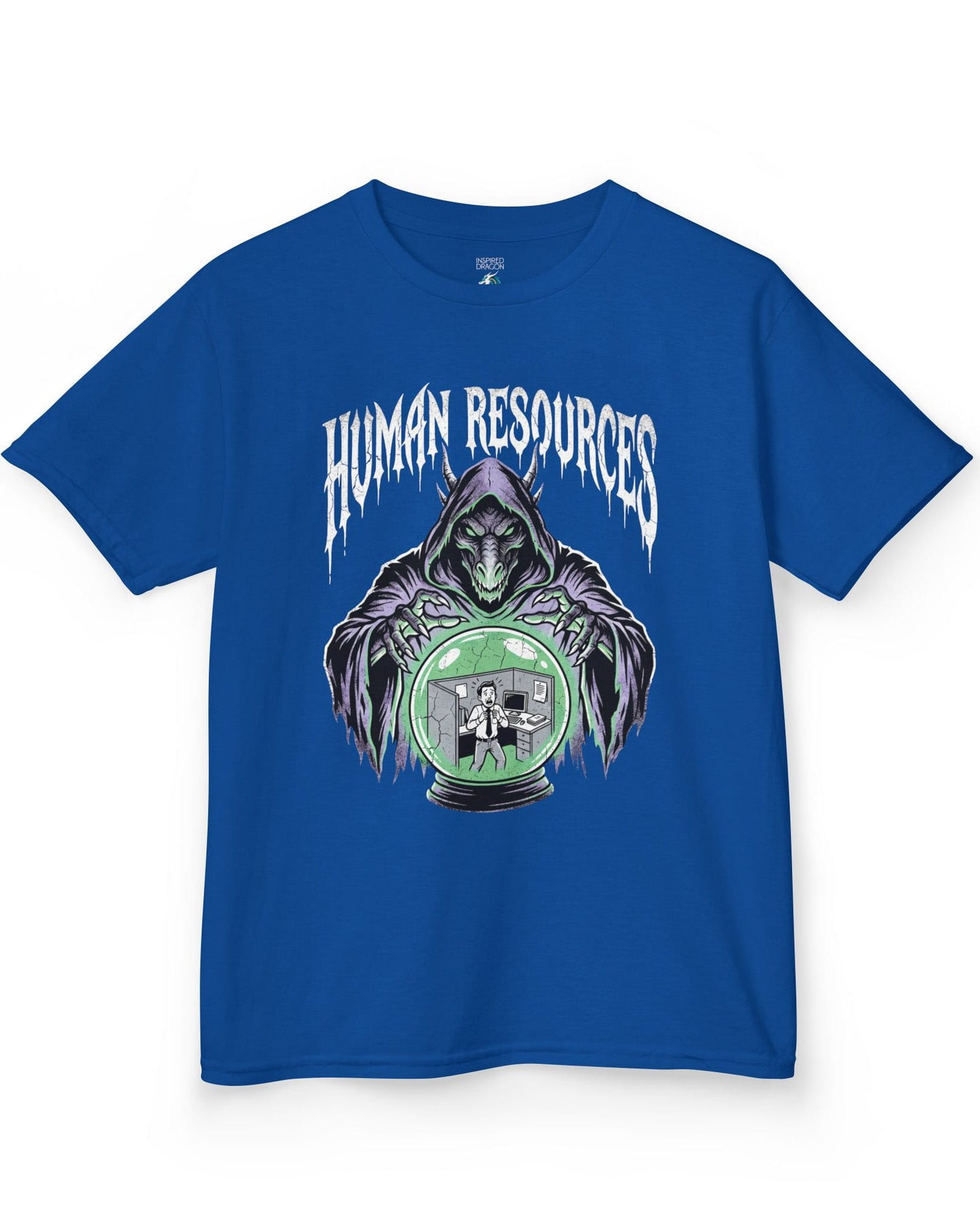Human Resources Dragon shirt in royal blue featuring a sinister dragon overseeing a scared office worker in a crystal ball
