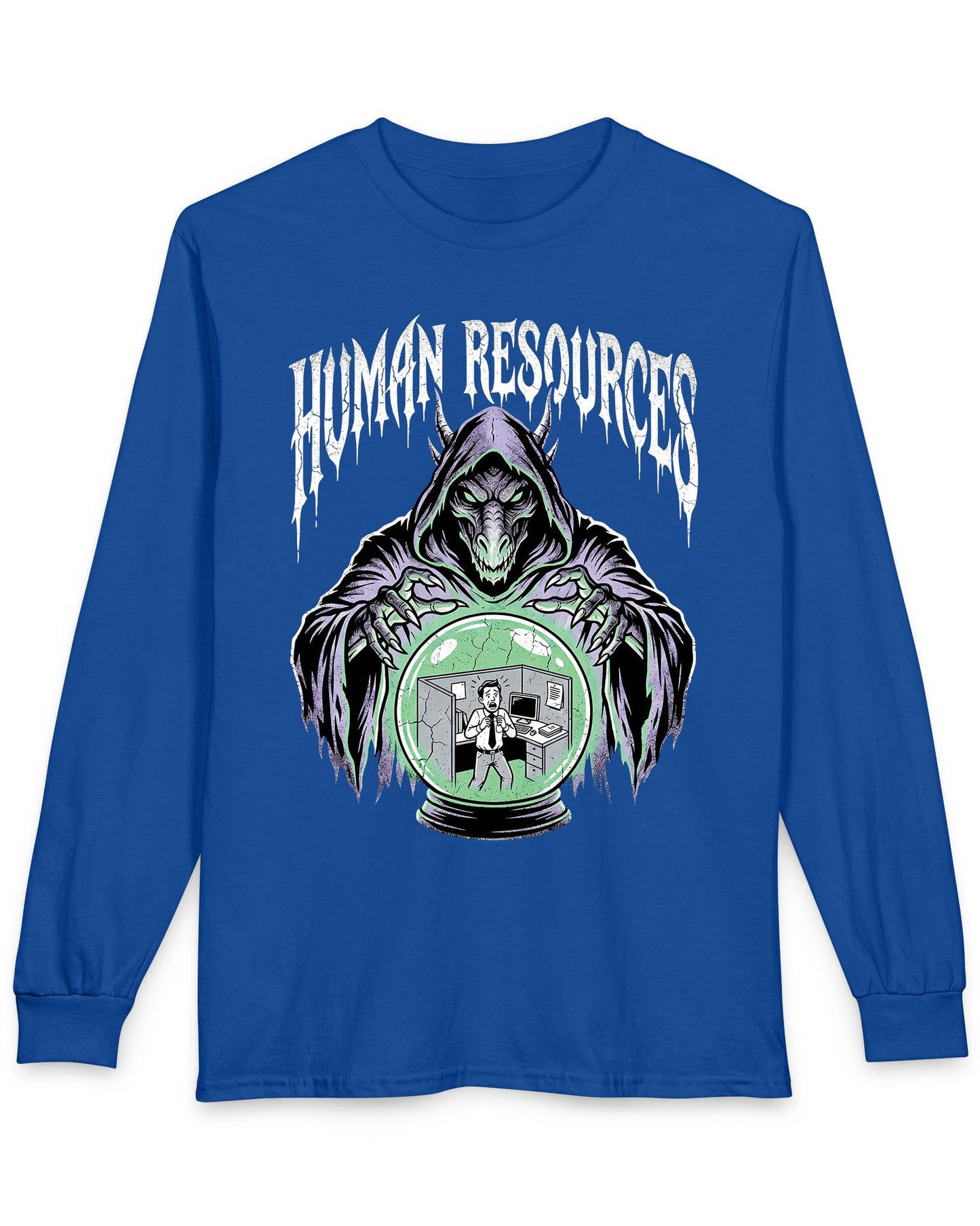 Human Resources Dragon shirt in royal blue featuring a sinister dragon overseeing a scared office worker in a crystal ball