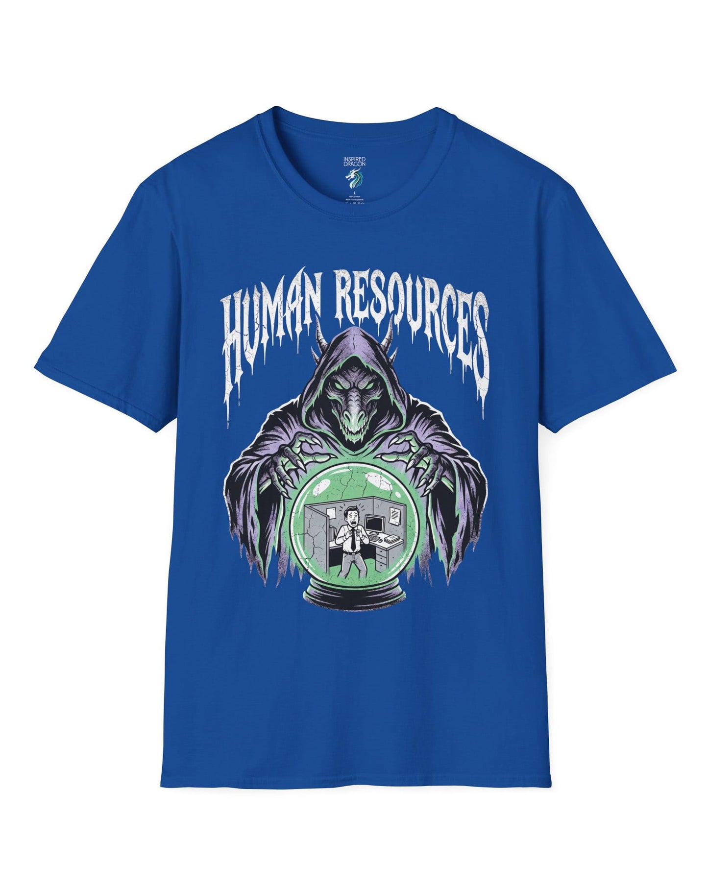 Human Resources Dragon shirt in royal blue featuring a sinister dragon overseeing a scared office worker in a crystal ball