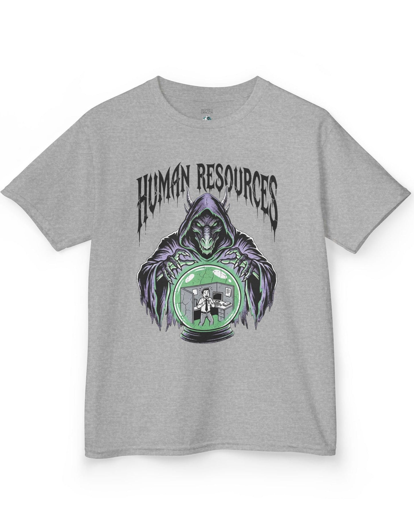 Human Resources Dragon shirt in sport grey featuring a sinister dragon overseeing a scared office worker in a crystal ball