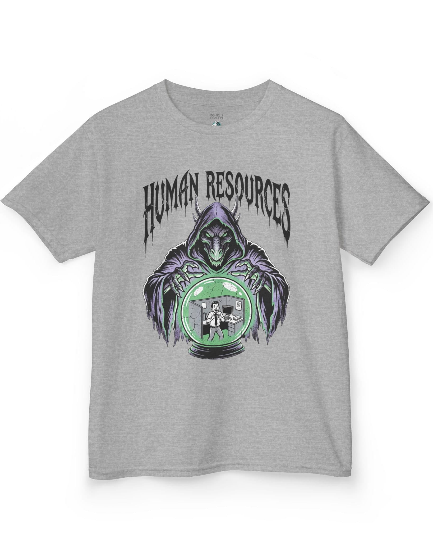 Human Resources Dragon shirt in sport grey featuring a sinister dragon overseeing a scared office worker in a crystal ball