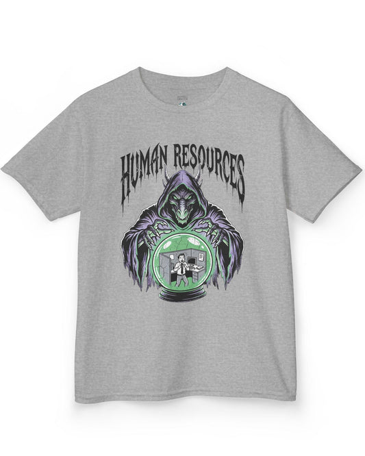 Human Resources Dragon shirt in sport grey featuring a sinister dragon overseeing a scared office worker in a crystal ball