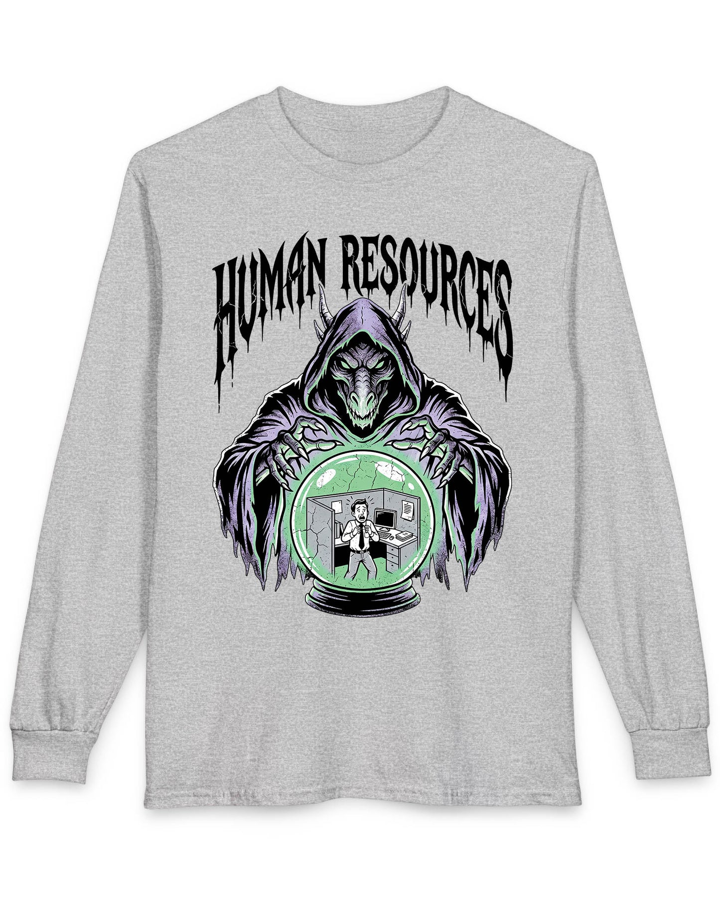 Human Resources Dragon shirt in sport grey featuring a sinister dragon overseeing a scared office worker in a crystal ball