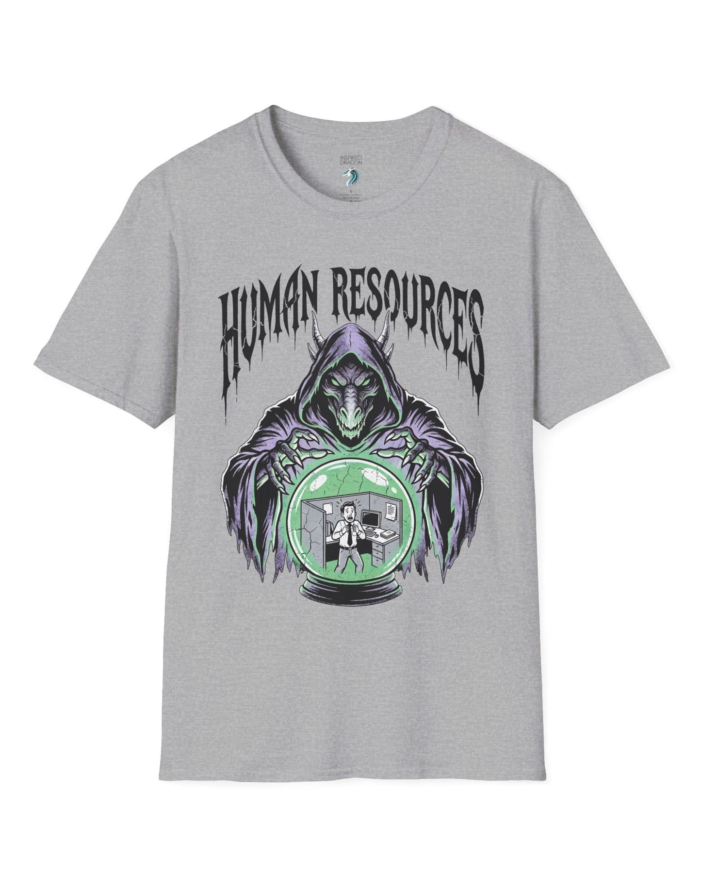 Human Resources Dragon shirt in sport grey featuring a sinister dragon overseeing a scared office worker in a crystal ball