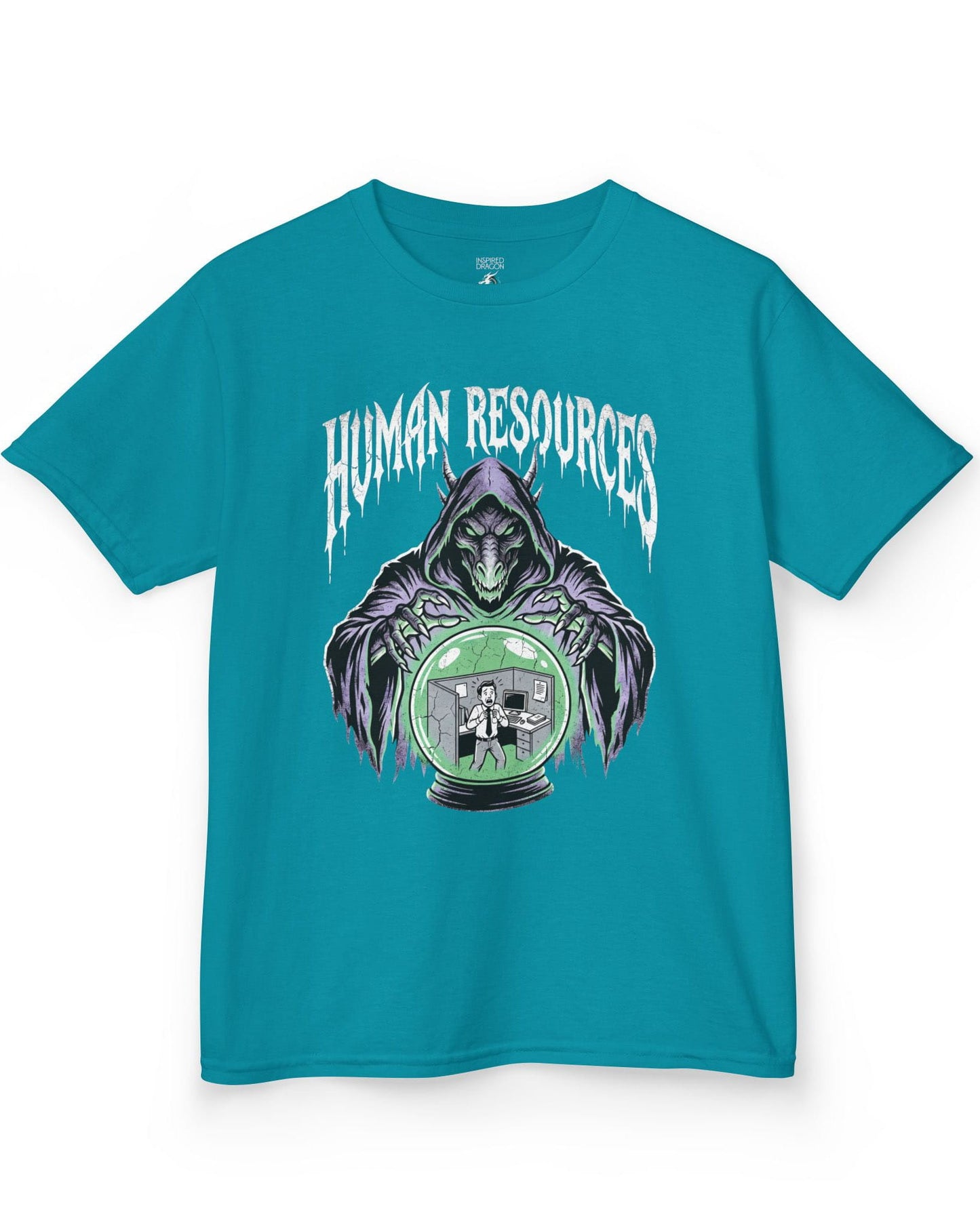Human Resources Dragon shirt in tropical blue featuring a sinister dragon overseeing a scared office worker in a crystal ball