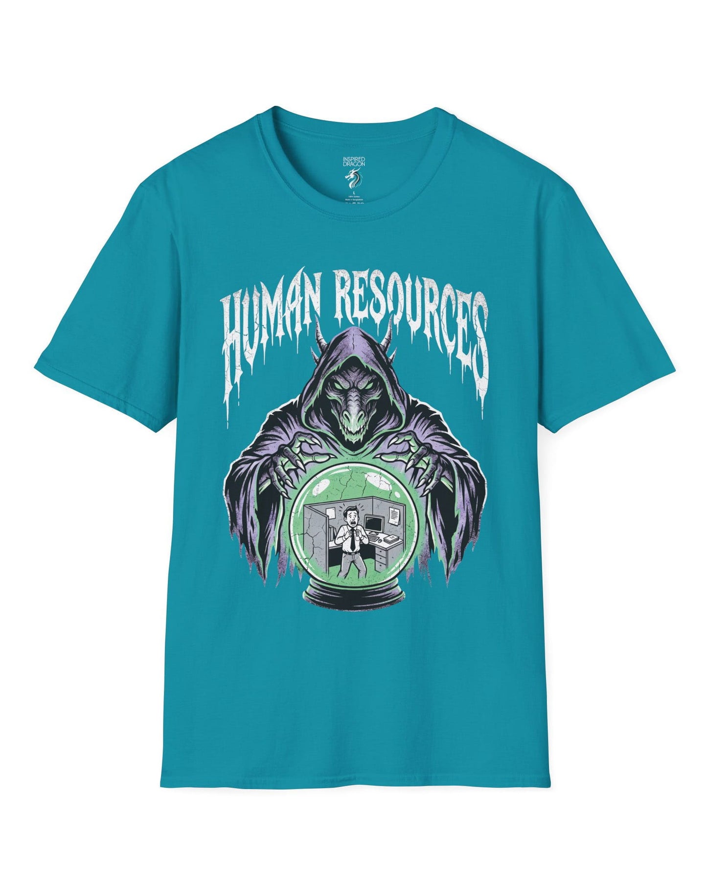 Human Resources Dragon shirt in tropical blue featuring a sinister dragon overseeing a scared office worker in a crystal ball