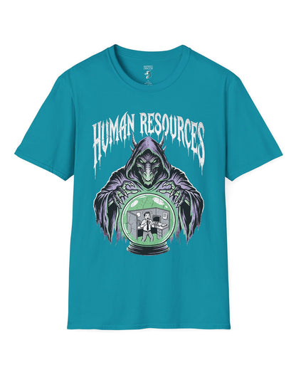Human Resources Dragon shirt in tropical blue featuring a sinister dragon overseeing a scared office worker in a crystal ball