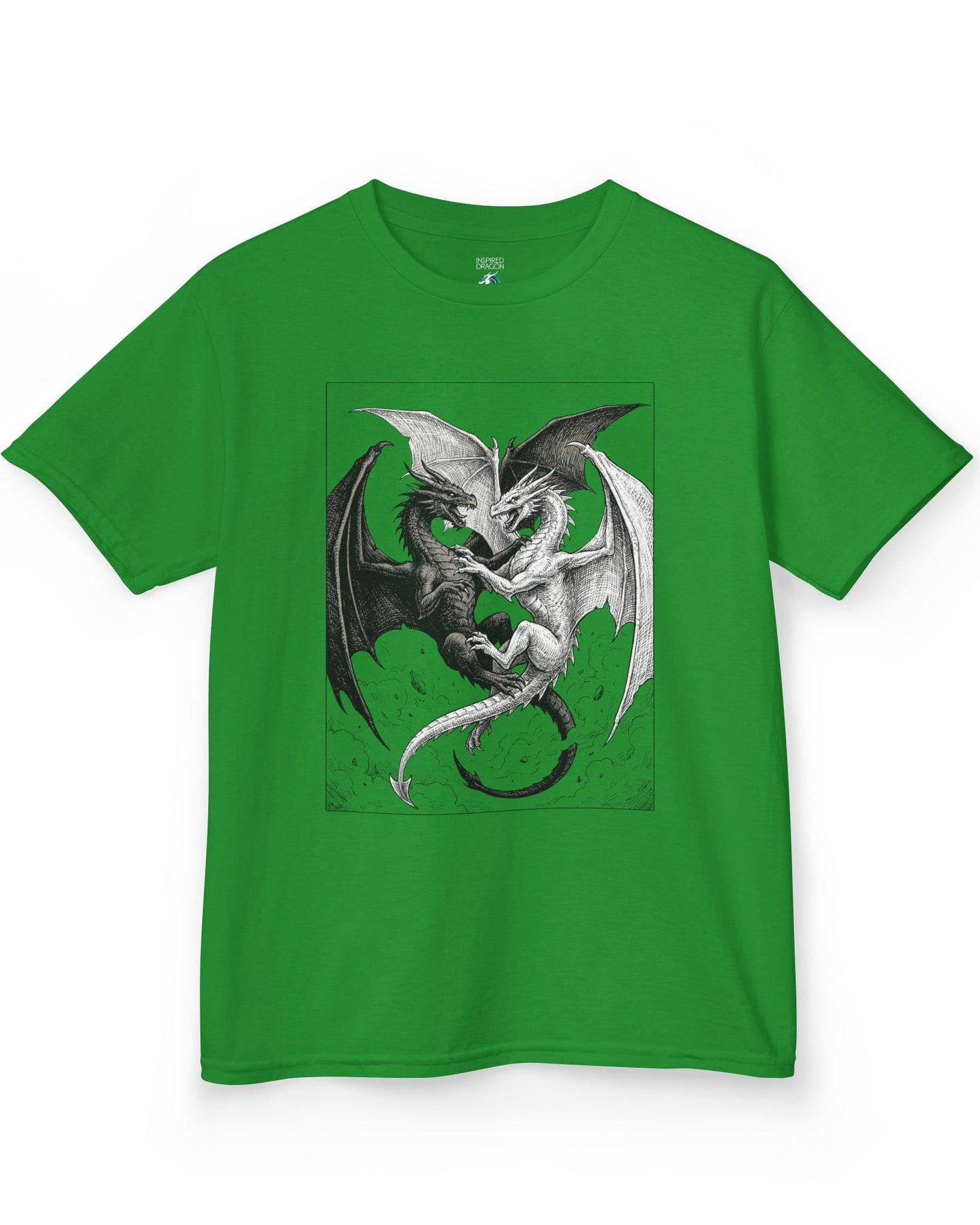 Light and Shadow shirt in Irish green featuring two opposing dragons locked in a dramatic black-and-white battle