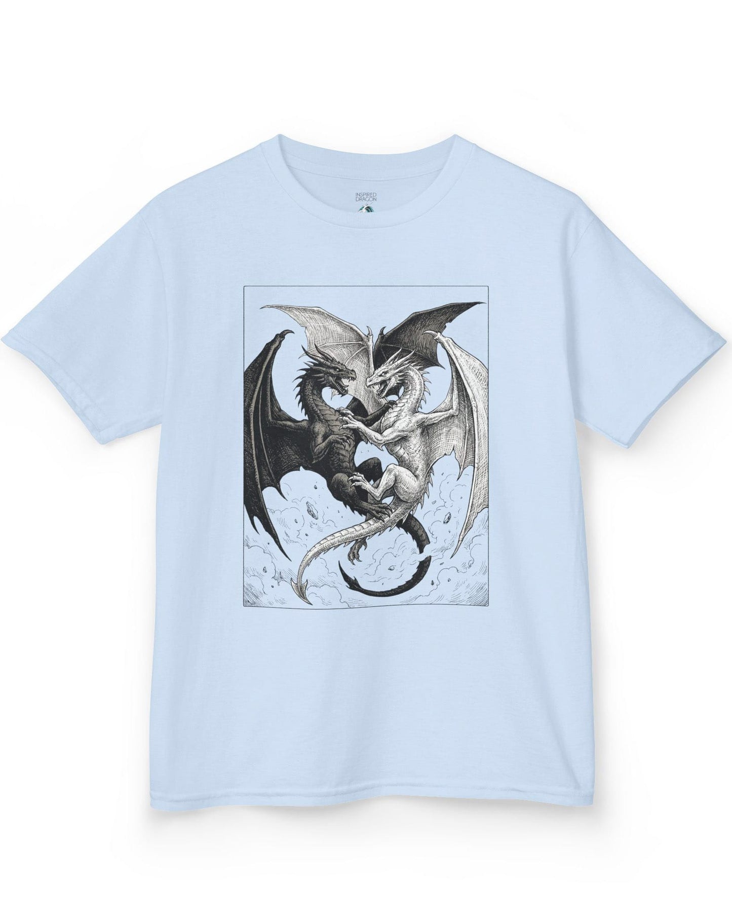 Light and Shadow shirt in light blue featuring two opposing dragons locked in a dramatic black-and-white battle