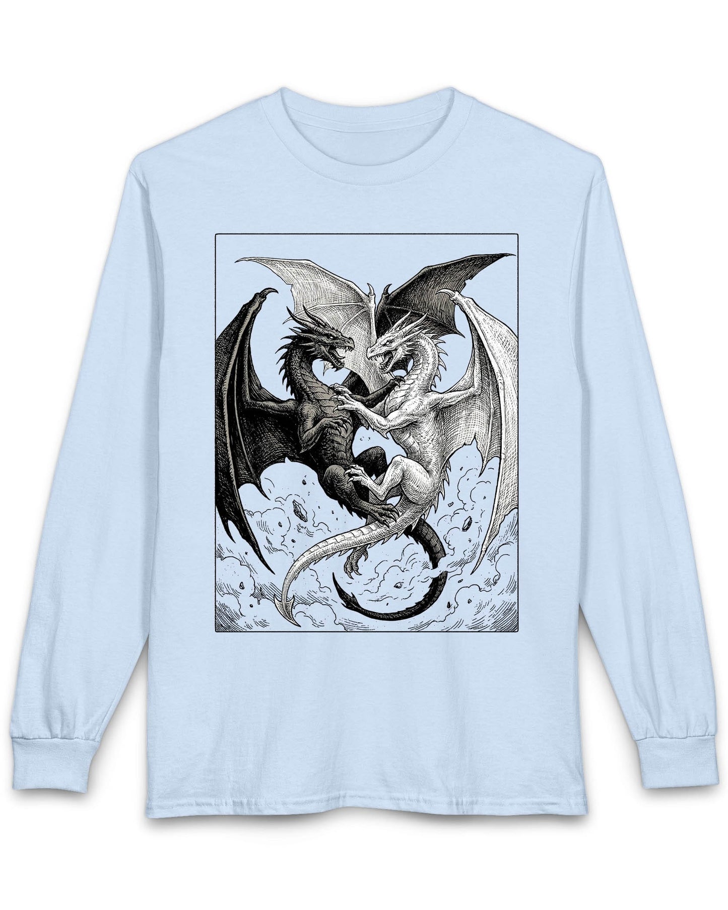 Light and Shadow shirt in light blue featuring two opposing dragons locked in a dramatic black-and-white battle