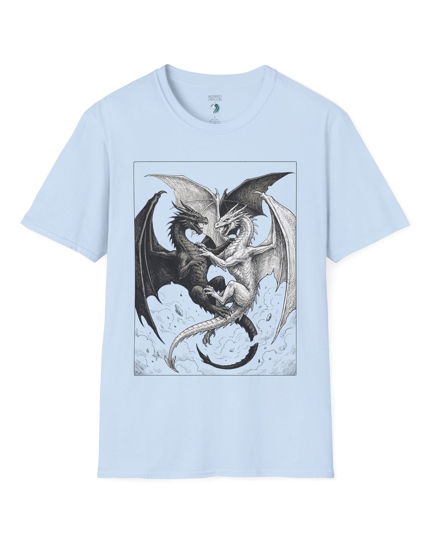 Light and Shadow shirt in light blue featuring two opposing dragons locked in a dramatic black-and-white battle