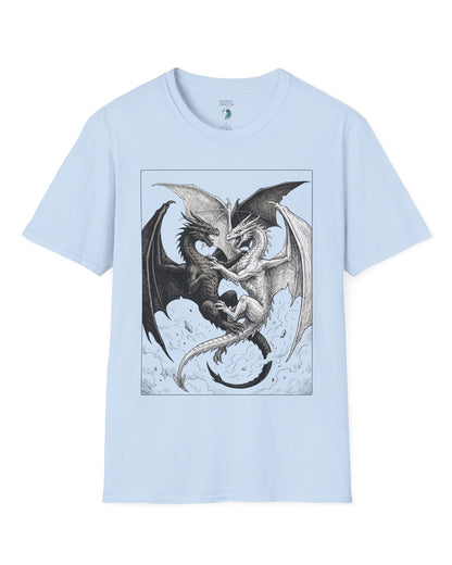 Light and Shadow shirt in light blue featuring two opposing dragons locked in a dramatic black-and-white battle