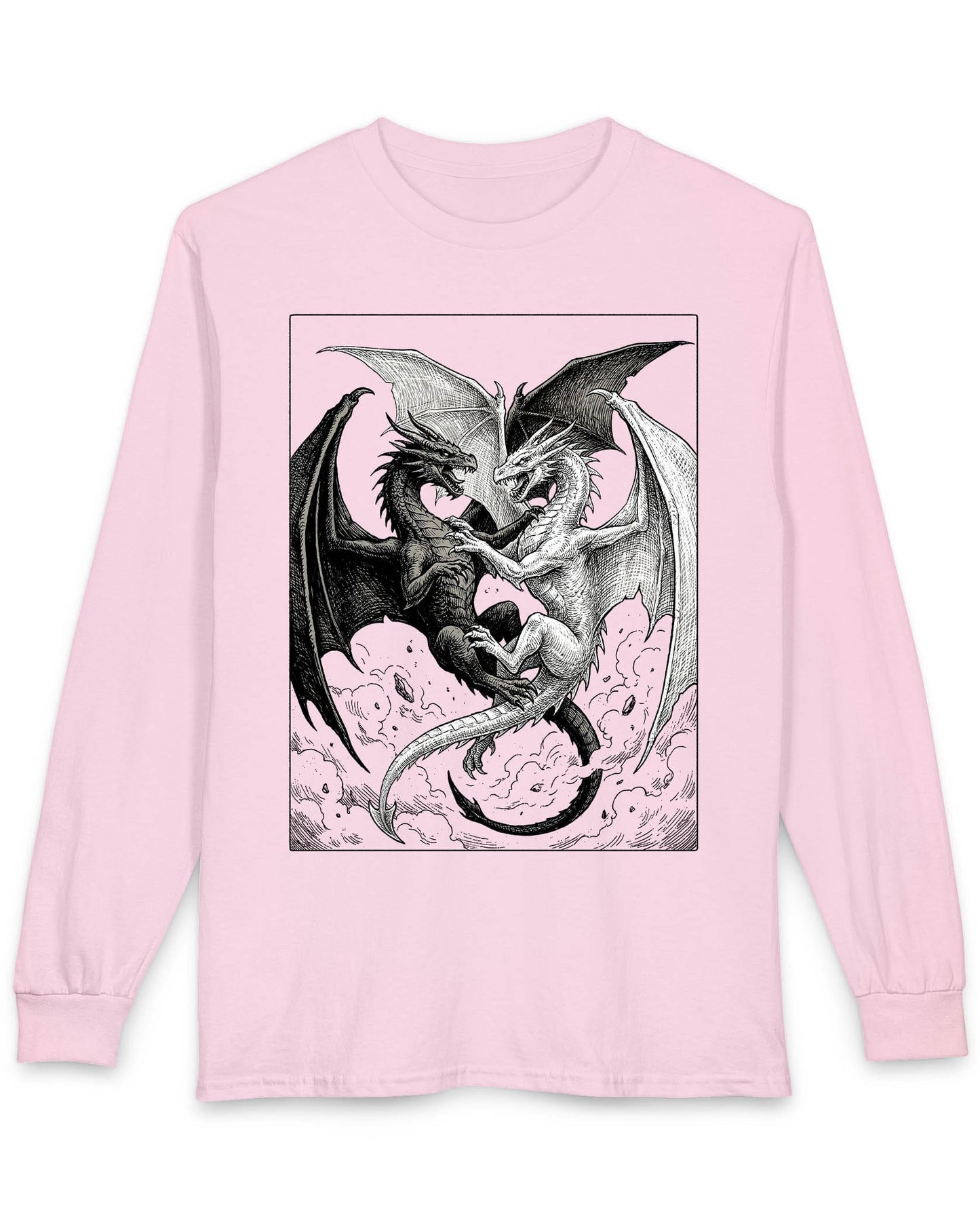 Light and Shadow shirt in light pink featuring two opposing dragons locked in a dramatic black-and-white battle