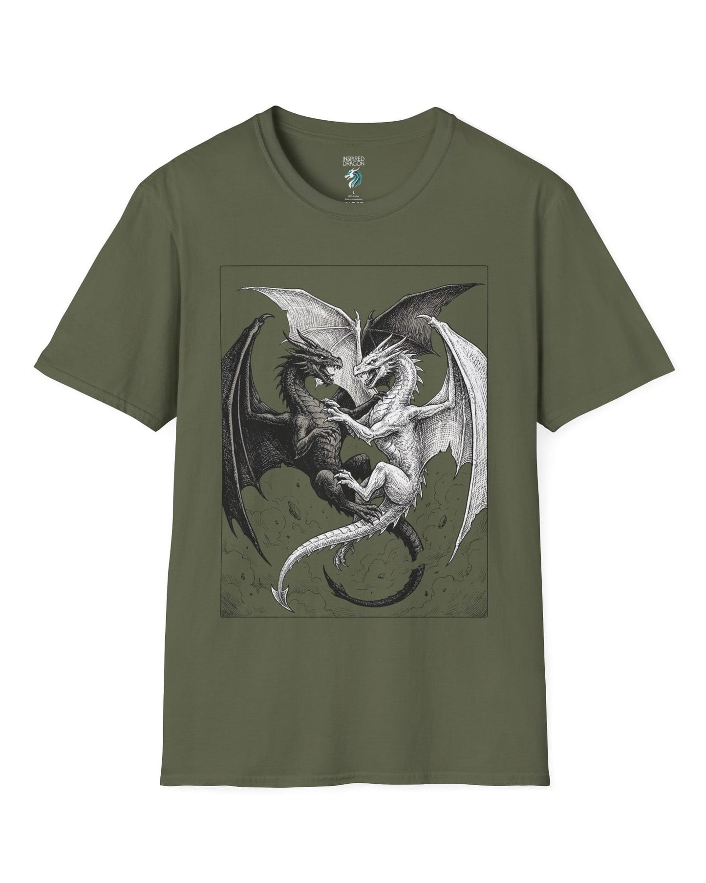 Light and Shadow shirt in military green featuring two opposing dragons locked in a dramatic black-and-white battle