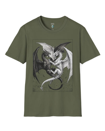 Light and Shadow shirt in military green featuring two opposing dragons locked in a dramatic black-and-white battle