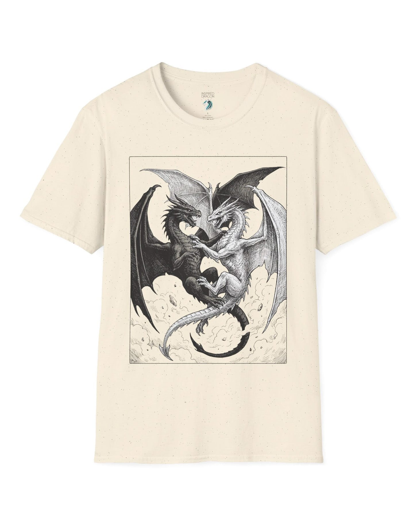 Light and Shadow shirt in natural featuring two opposing dragons locked in a dramatic black-and-white battle