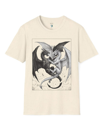 Light and Shadow shirt in natural featuring two opposing dragons locked in a dramatic black-and-white battle