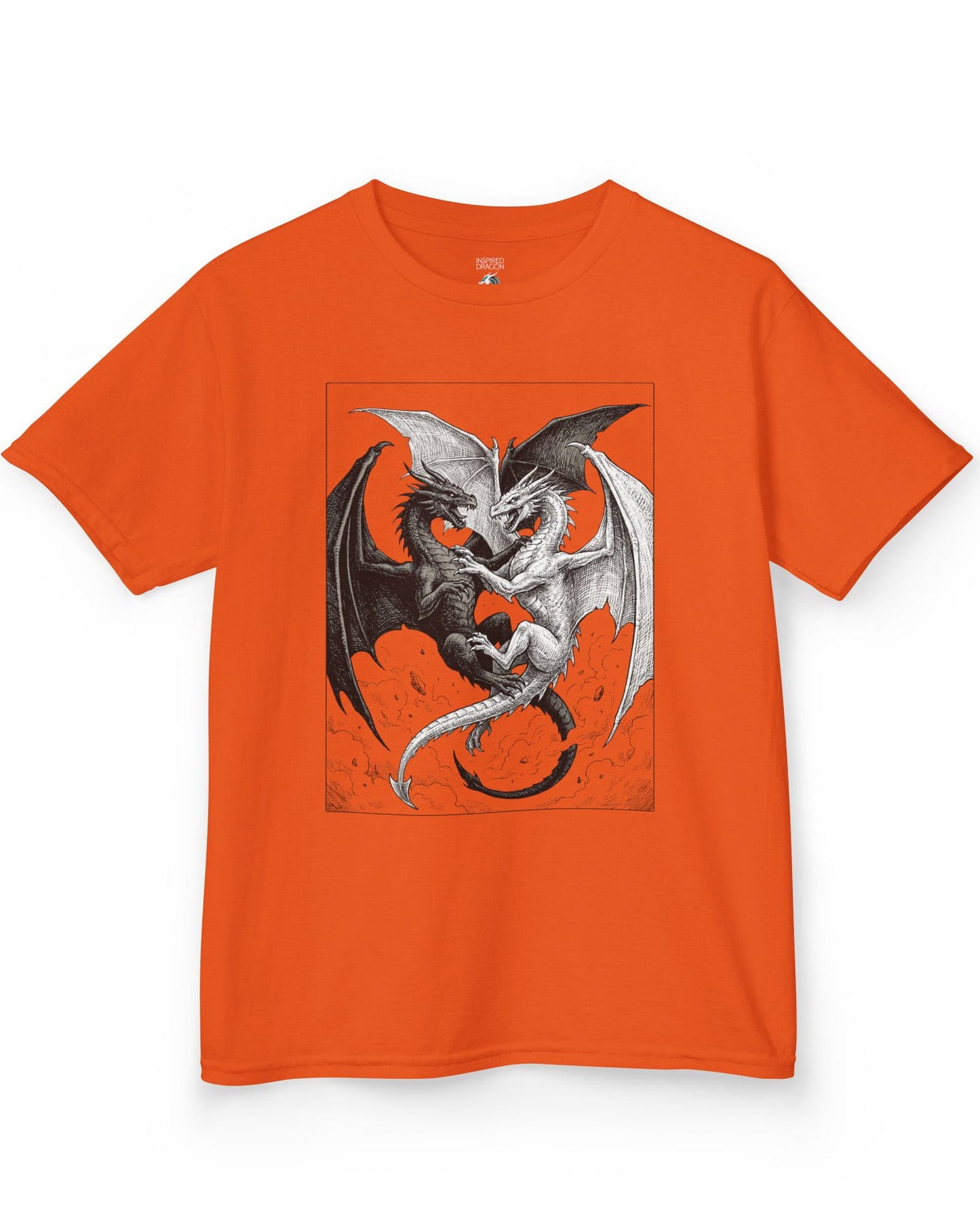 Light and Shadow shirt in orange featuring two opposing dragons locked in a dramatic black-and-white battle