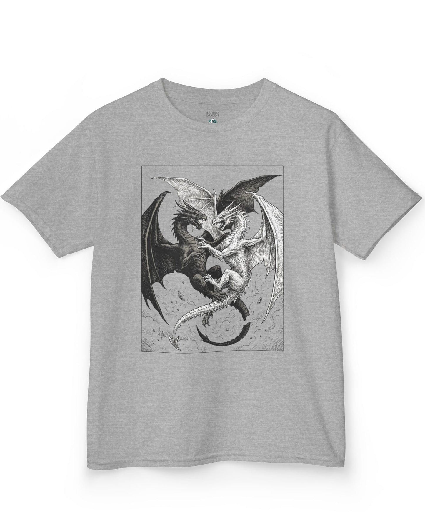 Light and Shadow shirt in sport grey featuring two opposing dragons locked in a dramatic black-and-white battle