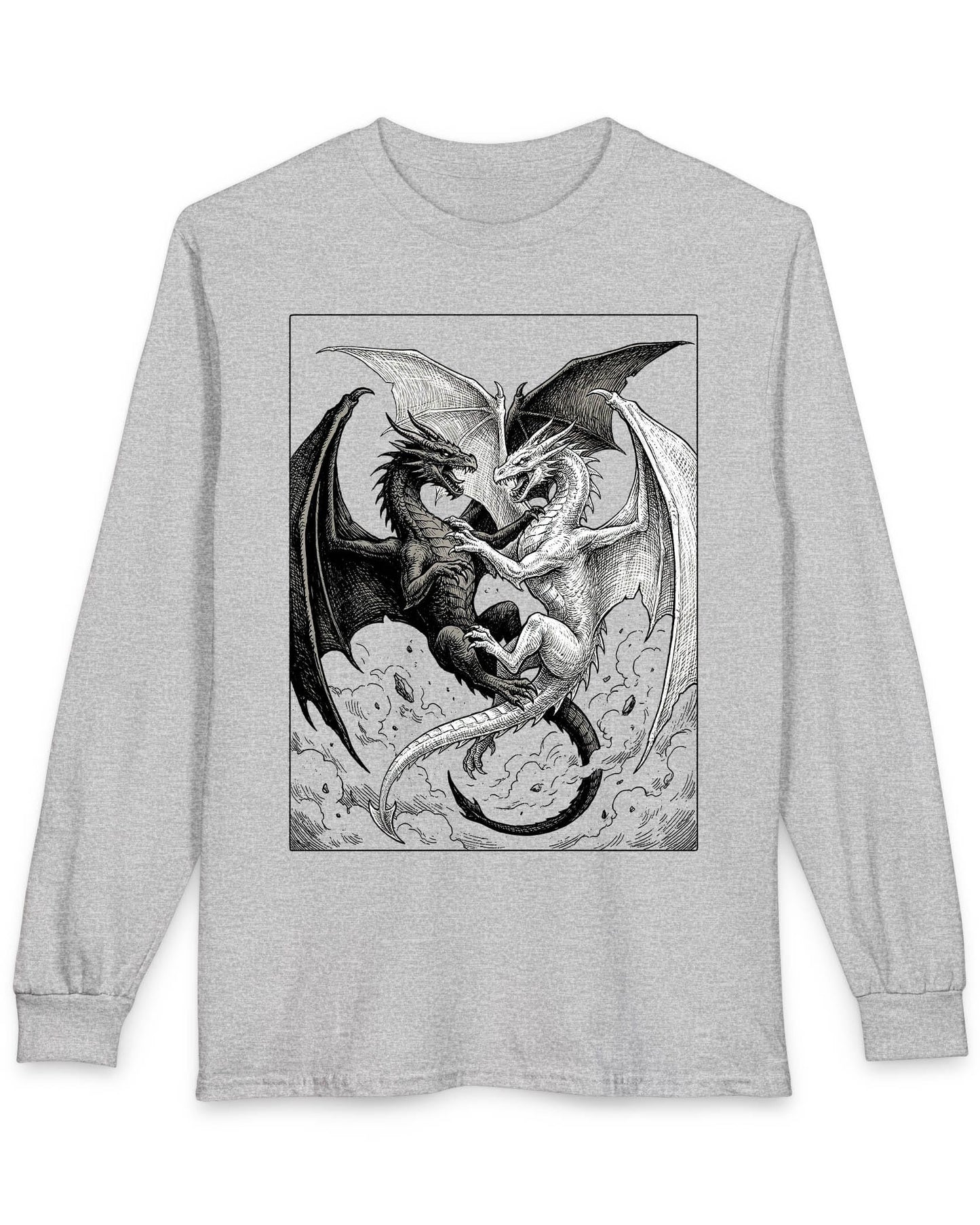Light and Shadow shirt in sport grey featuring two opposing dragons locked in a dramatic black-and-white battle