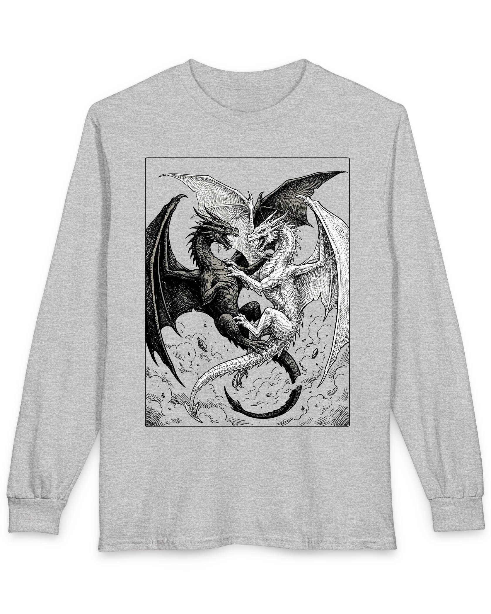 Light and Shadow shirt in sport grey featuring two opposing dragons locked in a dramatic black-and-white battle