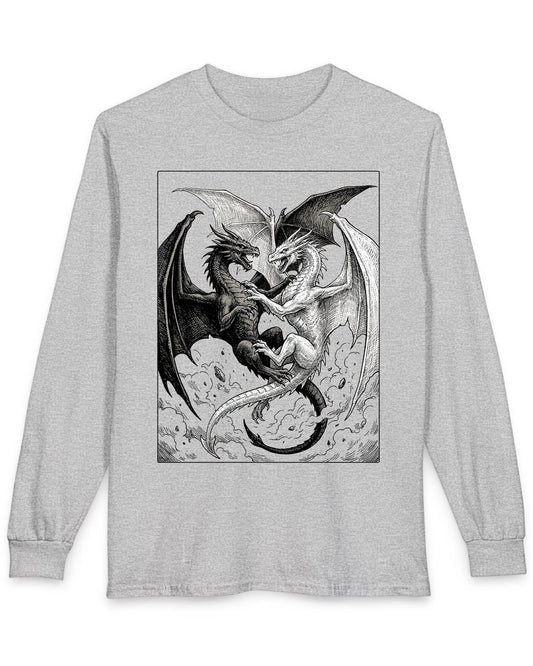 Light and Shadow shirt in sport grey featuring two opposing dragons locked in a dramatic black-and-white battle