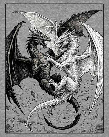 Light and Shadow shirt in sport grey featuring two opposing dragons locked in a dramatic black-and-white battle