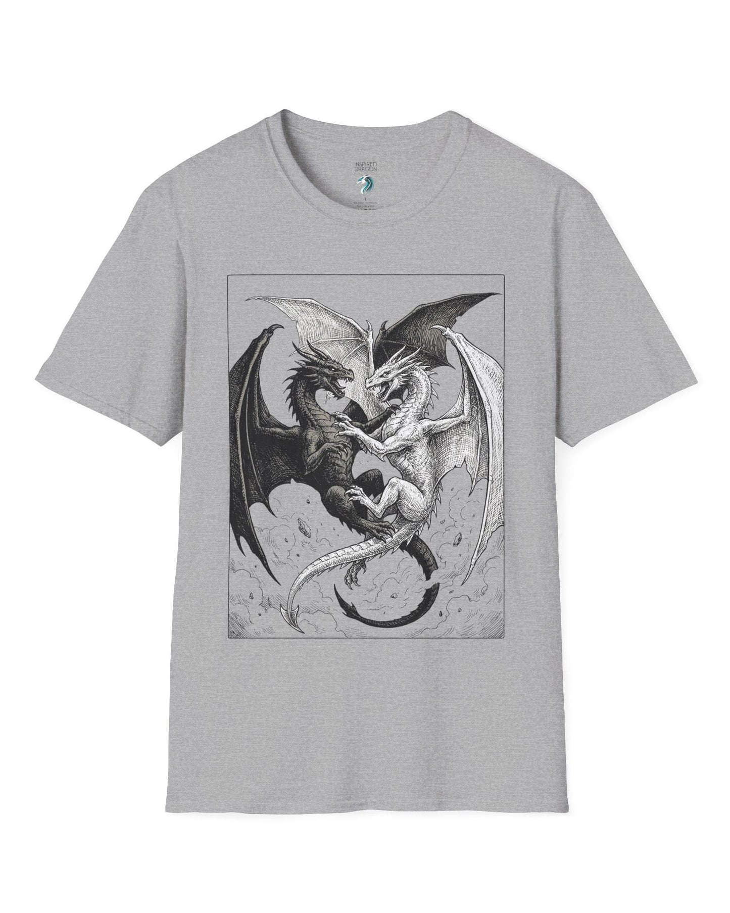 Light and Shadow shirt in sport grey featuring two opposing dragons locked in a dramatic black-and-white battle