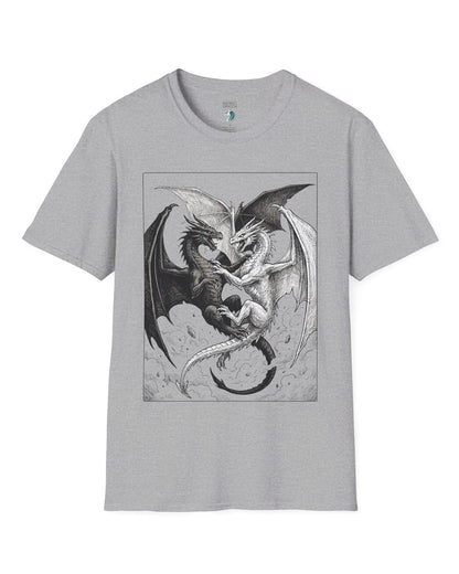 Light and Shadow shirt in sport grey featuring two opposing dragons locked in a dramatic black-and-white battle