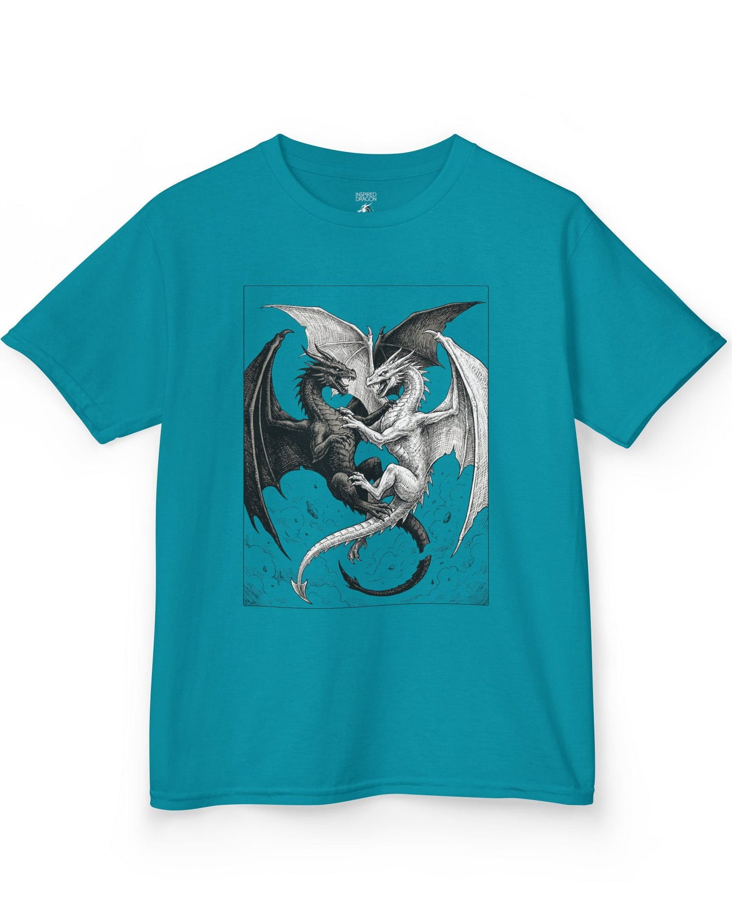 Light and Shadow shirt in tropical blue featuring two opposing dragons locked in a dramatic black-and-white battle
