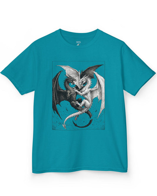 Light and Shadow shirt in tropical blue featuring two opposing dragons locked in a dramatic black-and-white battle