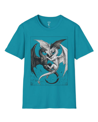 Light and Shadow shirt in tropical blue featuring two opposing dragons locked in a dramatic black-and-white battle