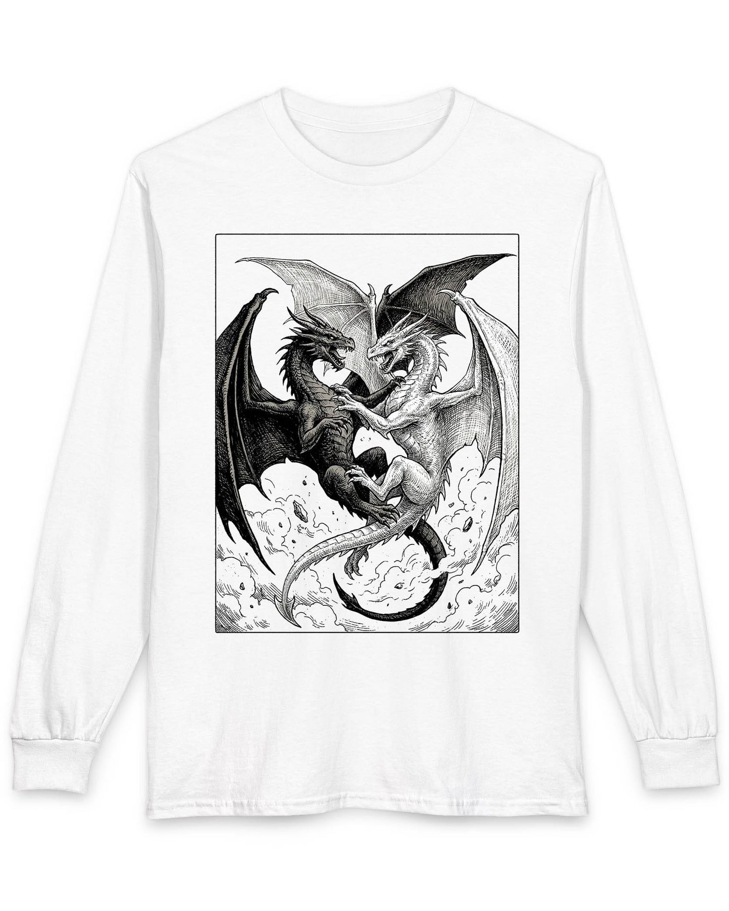 Light and Shadow shirt in white featuring two opposing dragons locked in a dramatic black-and-white battle