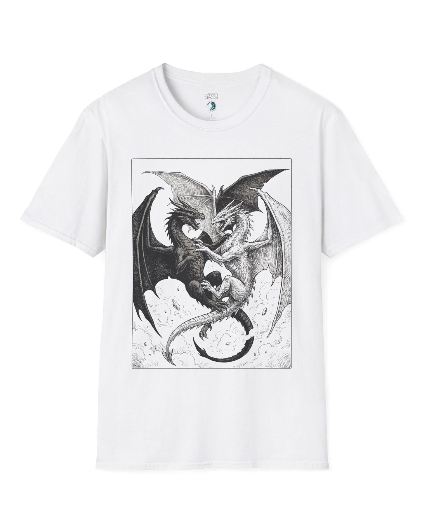 Light and Shadow shirt in white featuring two opposing dragons locked in a dramatic black-and-white battle