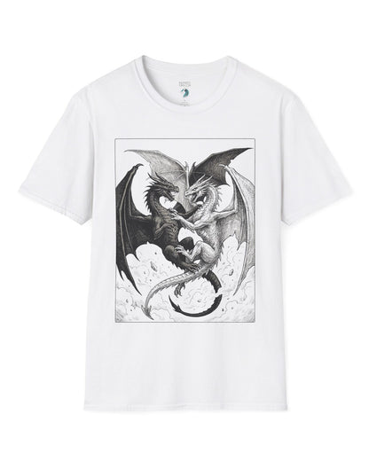 Light and Shadow shirt in white featuring two opposing dragons locked in a dramatic black-and-white battle