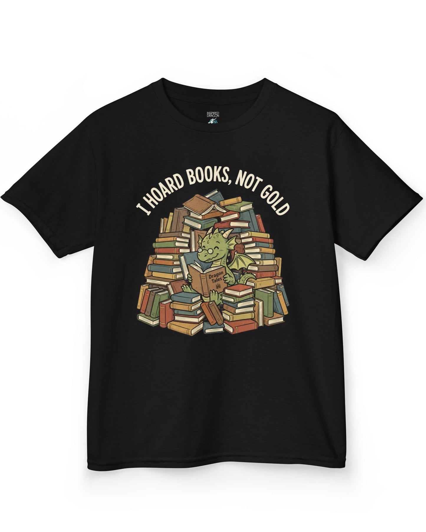 I Hoard Books, Not Gold shirt in black featuring a book-loving green dragon nestled in a towering hoard of books