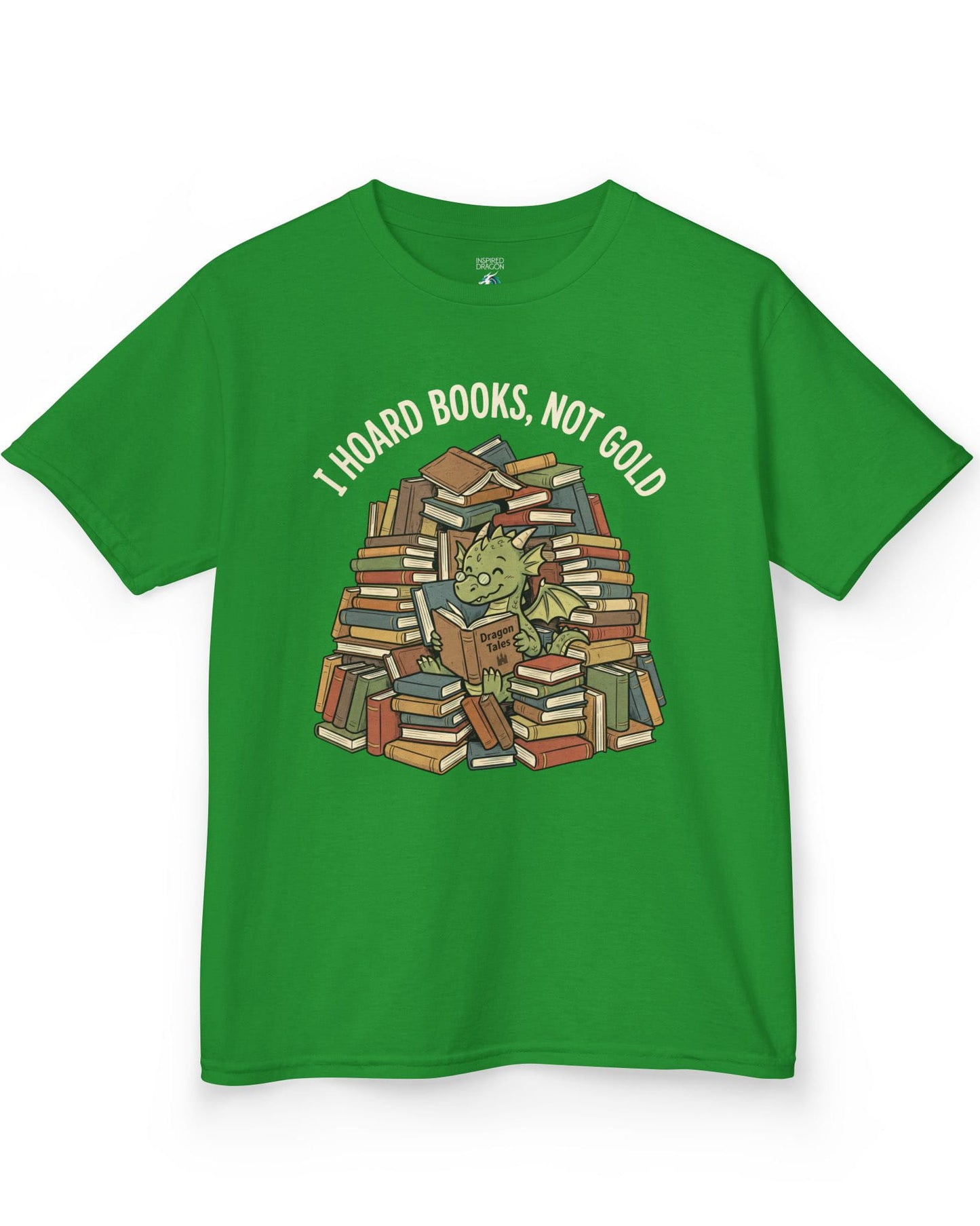 I Hoard Books, Not Gold shirt in Irish green featuring a book-loving green dragon nestled in a towering hoard of books