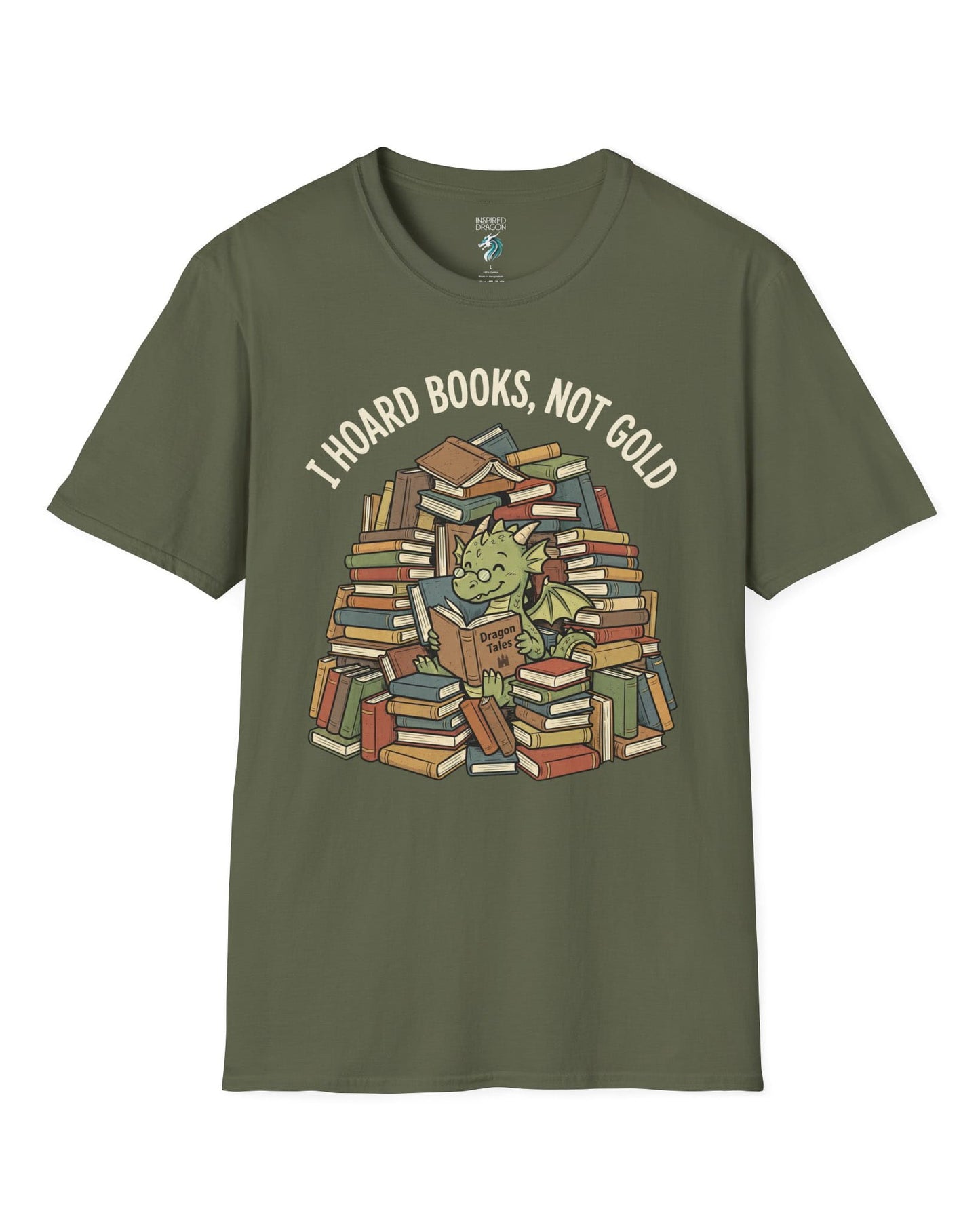 I Hoard Books, Not Gold shirt in military green featuring a book-loving green dragon nestled in a towering hoard of books