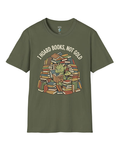 I Hoard Books, Not Gold shirt in military green featuring a book-loving green dragon nestled in a towering hoard of books