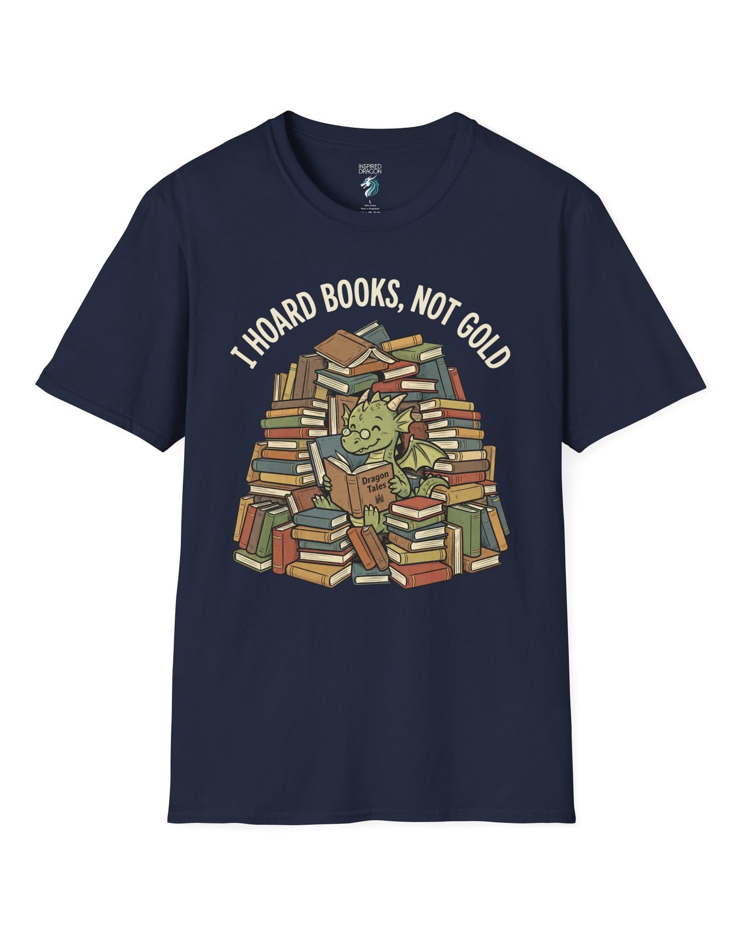 I Hoard Books, Not Gold shirt in navy featuring a book-loving green dragon nestled in a towering hoard of books