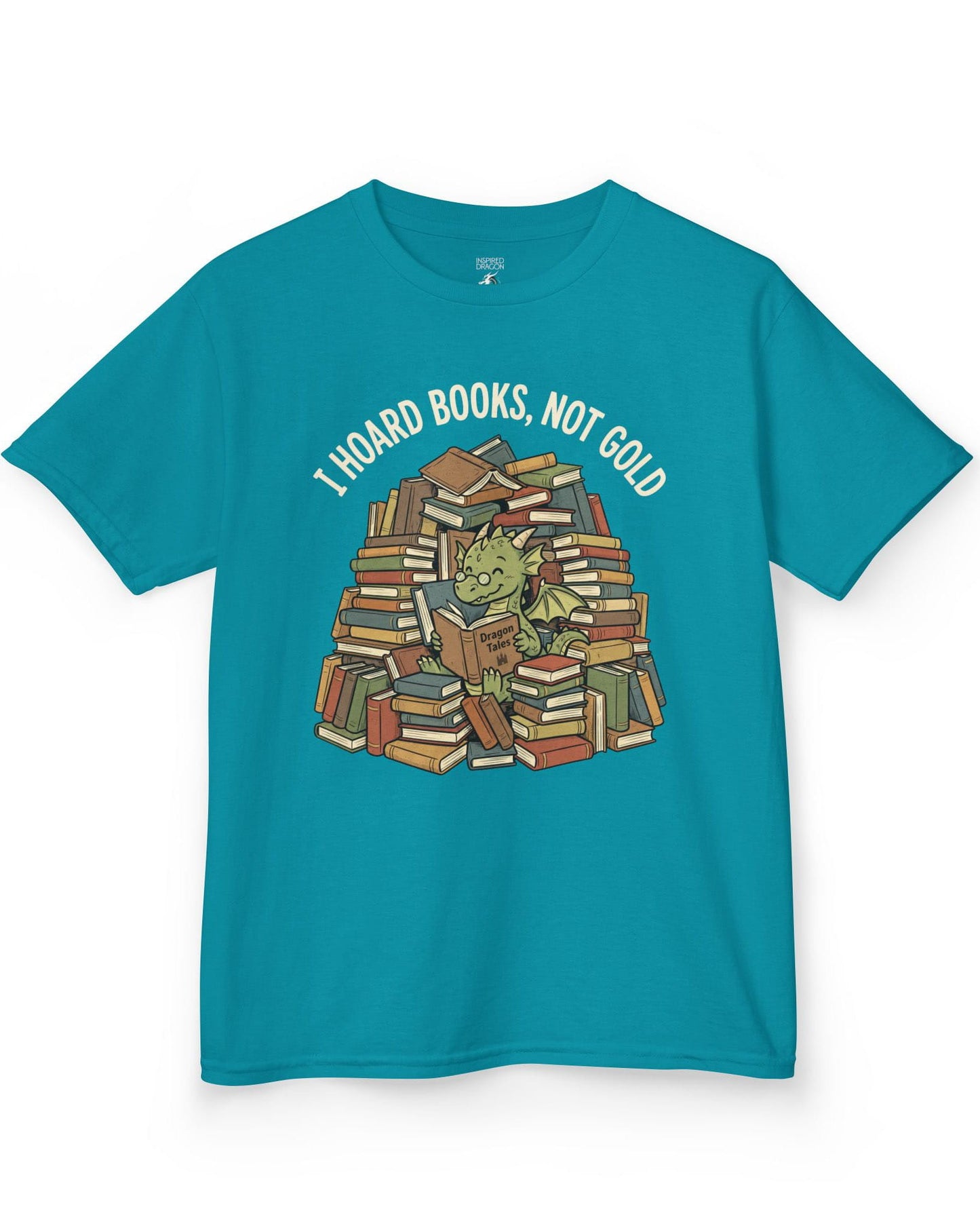 I Hoard Books, Not Gold shirt in tropical blue featuring a book-loving green dragon nestled in a towering hoard of books