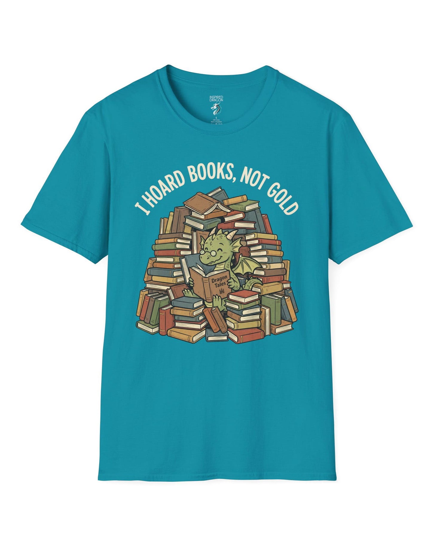 I Hoard Books, Not Gold shirt in tropical blue featuring a book-loving green dragon nestled in a towering hoard of books