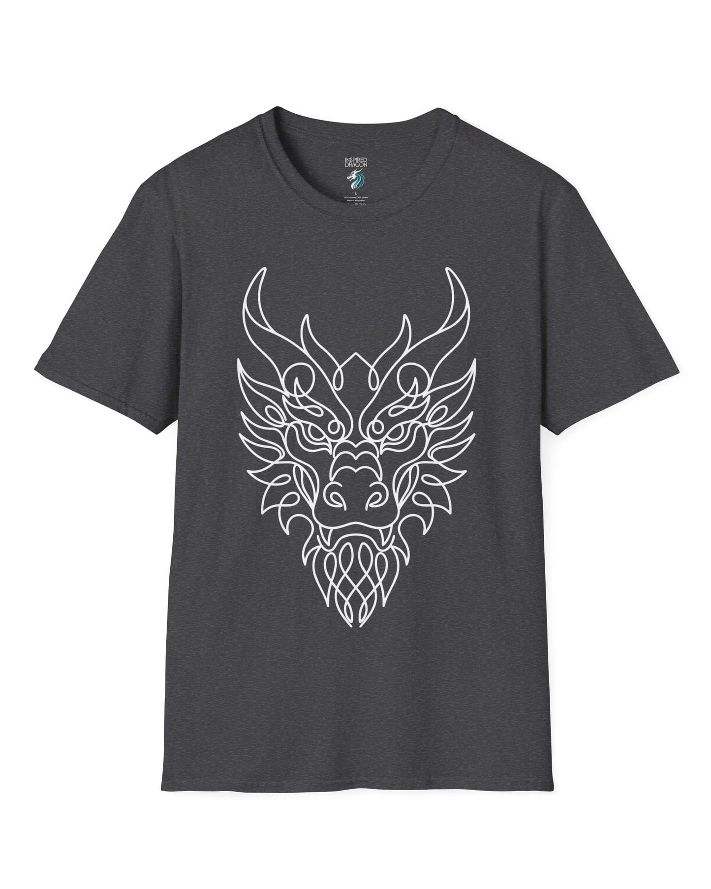 Line Art Dragon shirt in dark heather featuring an elegant line art dragon face with a clean, minimalist style