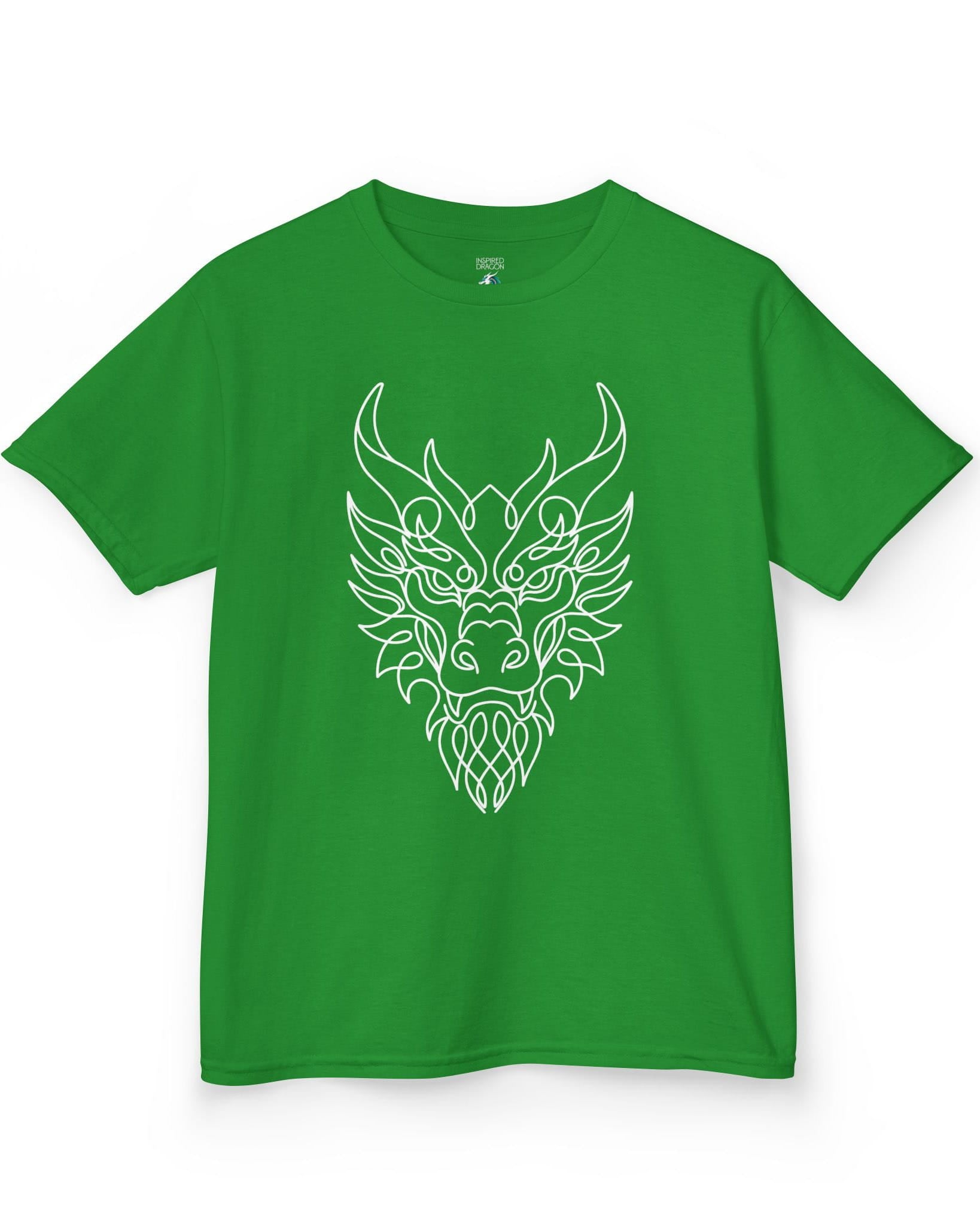 Line Art Dragon shirt in Irish green featuring an elegant line art dragon face with a clean, minimalist style