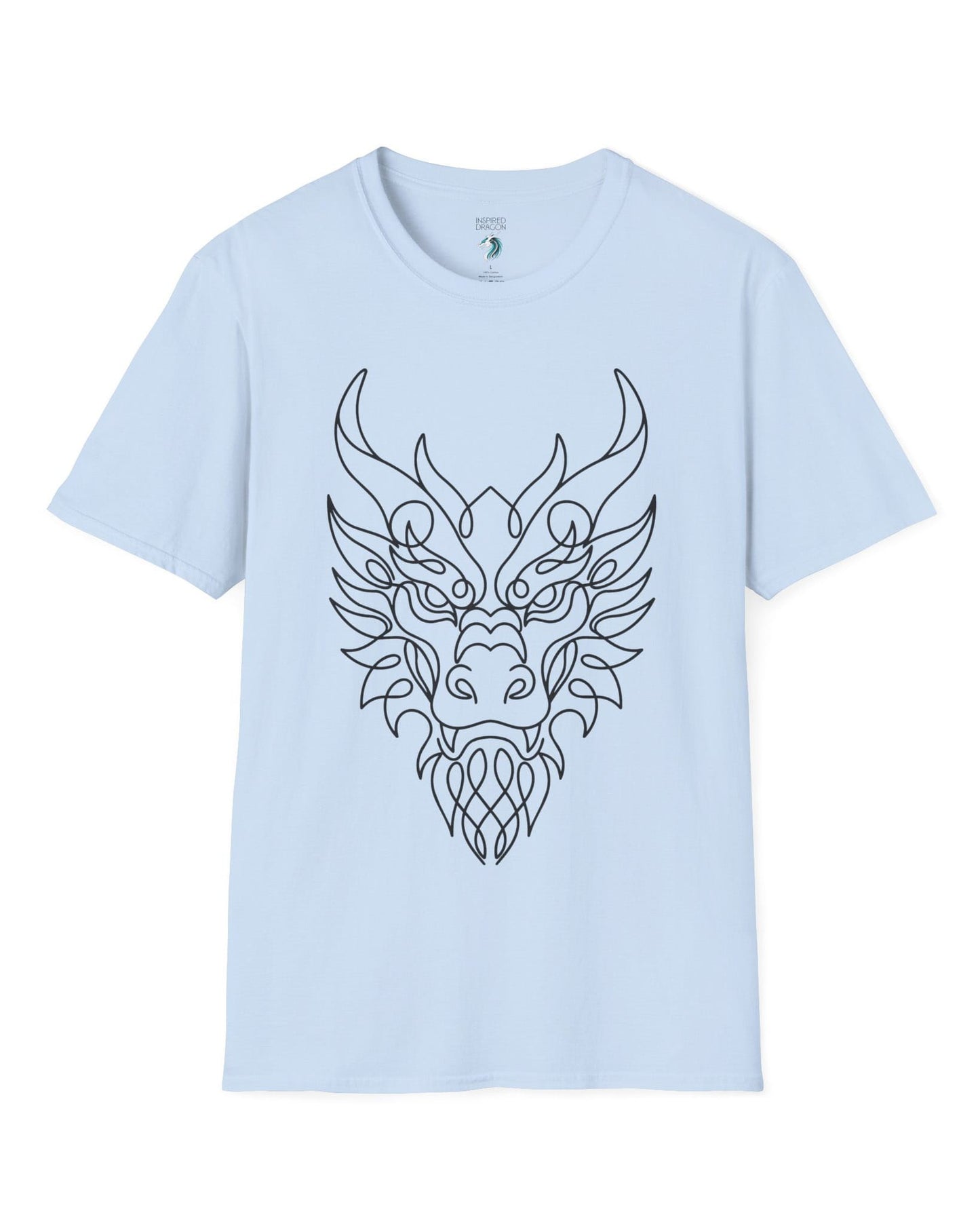 Line Art Dragon shirt in light blue featuring an elegant line art dragon face with a clean, minimalist style